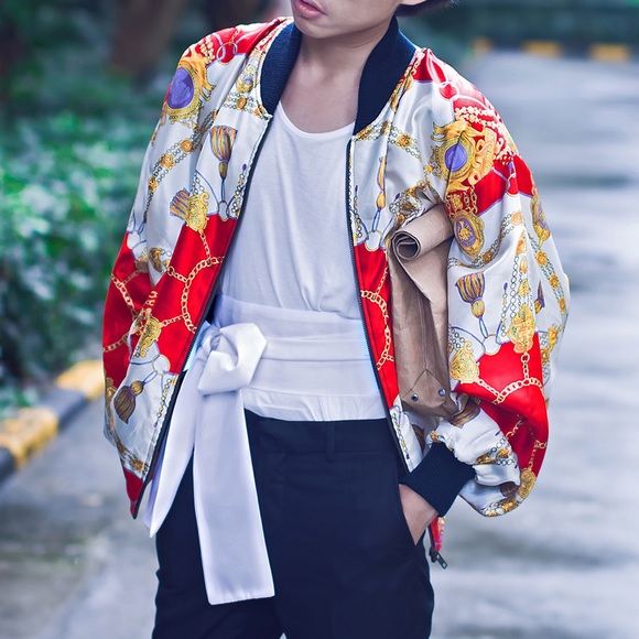 WDNY Scarf Print Satin Bomber Jacket S - Picture 4 of 8